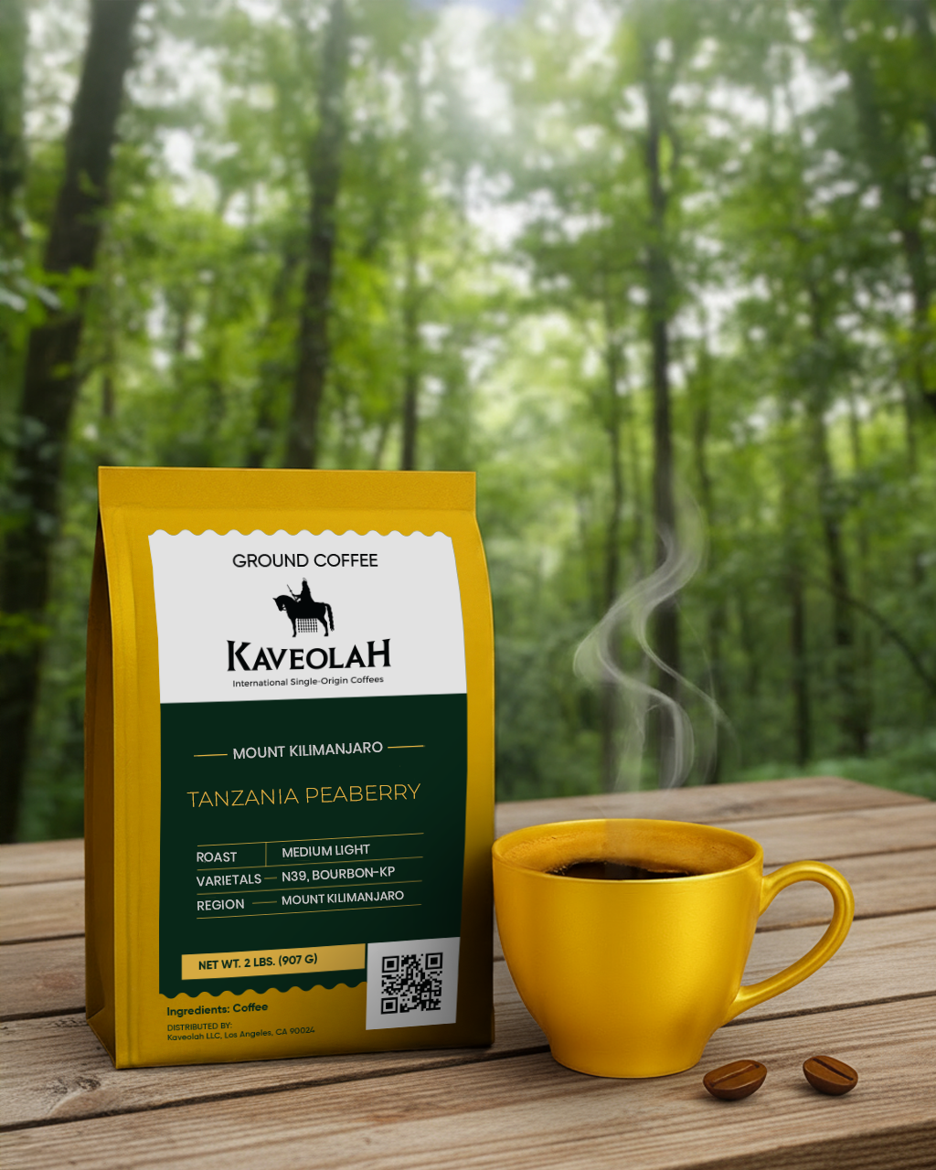 Kaveolah Tanzania coffee package with a yellow mug of coffee on a wooden surface with a forest background