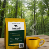 Kaveolah Uganda coffee package with a yellow mug of coffee on a wooden surface with a forest background