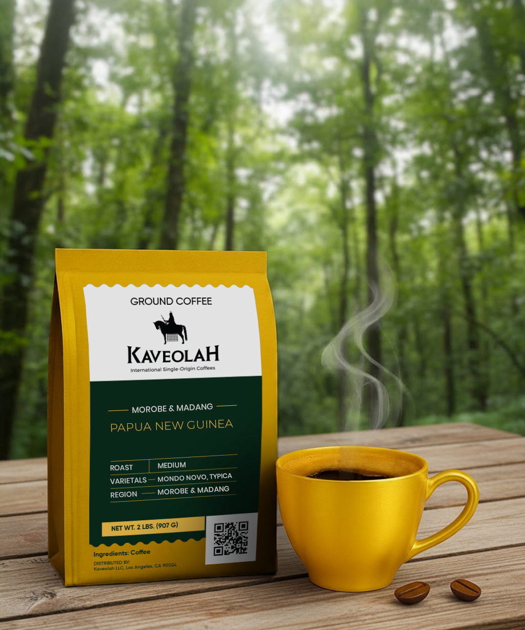 Kaveolah Papua New Guinea coffee package with a yellow mug of steaming coffee on a wooden surface with a forest background
