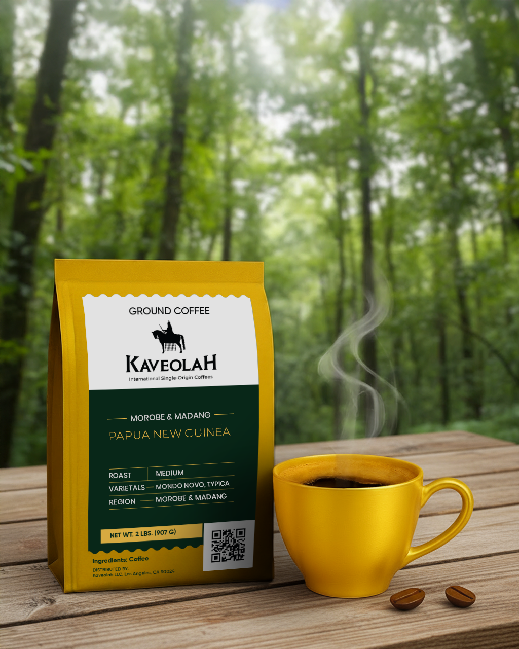 Kaveolah Papua New Guinea coffee package with a yellow mug of steaming coffee on a wooden surface with a forest background