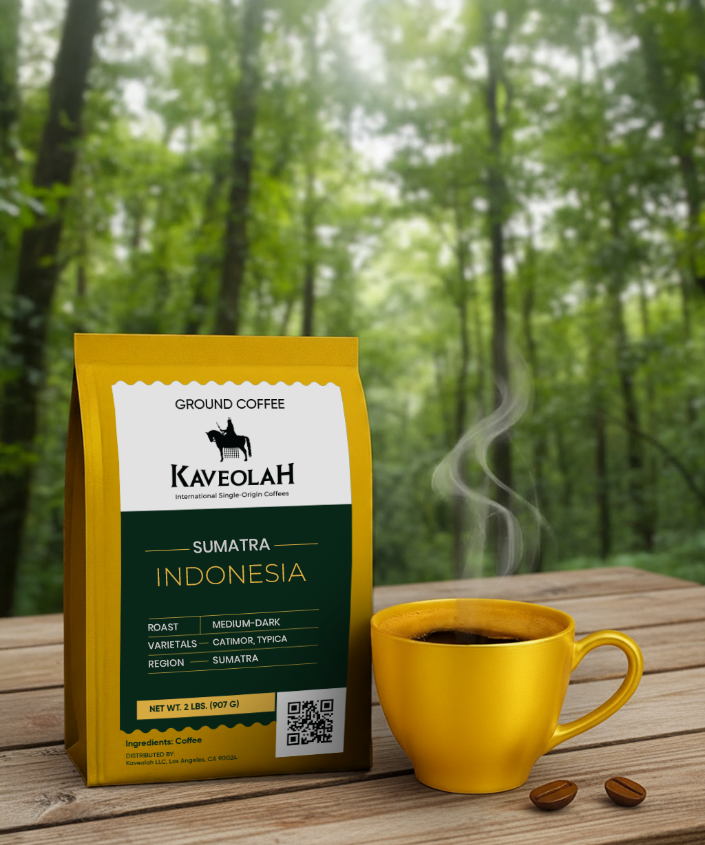 Kaveolah Sumatra Indonesia coffee package with a yellow mug of coffee on a wooden surface with a forest background.
