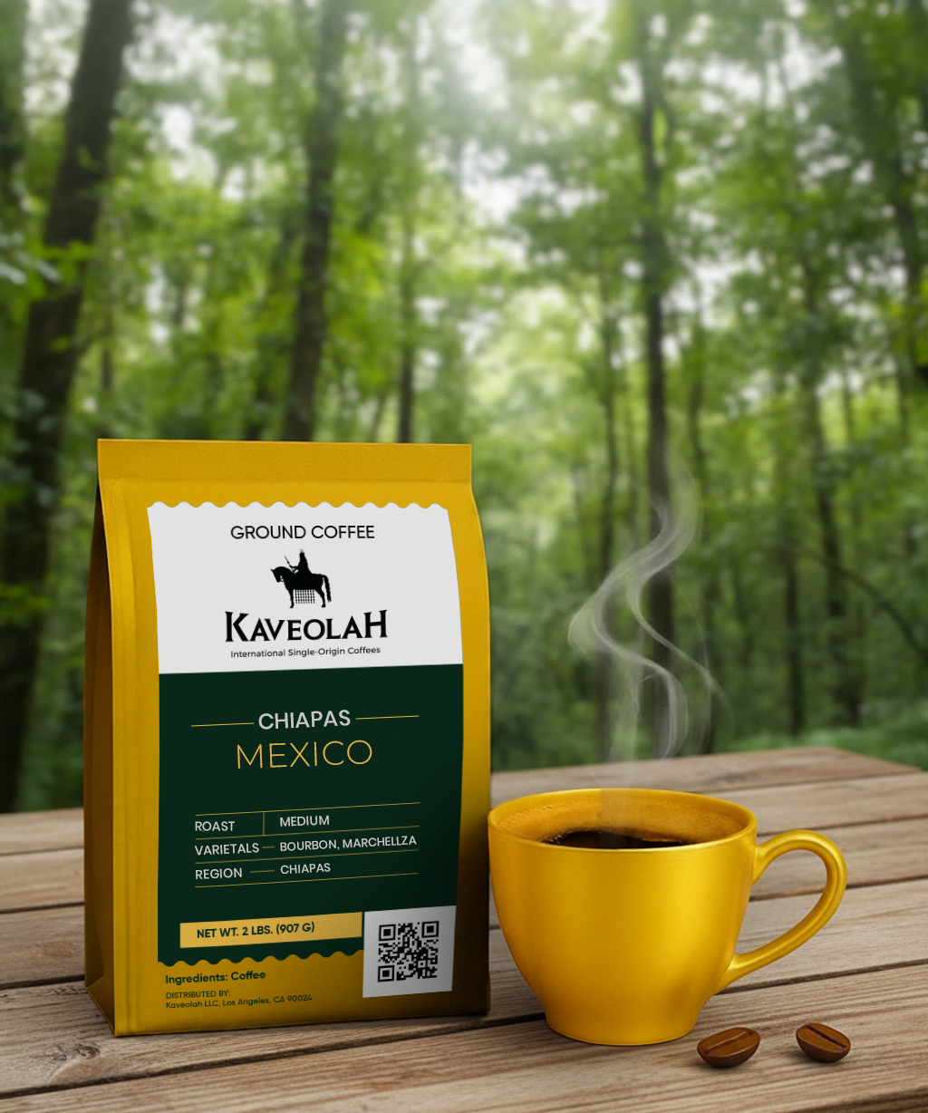 Kaveolah Mexico coffee package with a cup of coffee on a wooden surface with a forest background